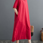 A-Line Loose Chinese Frog Buttons Pockets Solid Color Split-Side V-Neck Midi Dresses