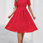 A-Line Elasticated Waist Contrast Color Polka Dot Split-Joint Tied Waist Round-Neck Midi Dresses