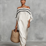 Women's Minimalist Linen Blend Off-the-shoulder Batwing Sleeve Straight-cut Maxi Dress