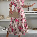 Elegant Ease Satin Printed Tie-Waist Midi Dress