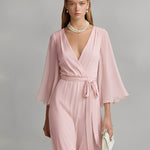 Women's Pink Silky Dress With Wrap Silhouette & Self-Tie Waist, Modern Effortless-Elegant Style Dress