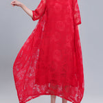 A-Line Half Sleeves Flower Print See-Through Solid Color Round-Neck Midi Dresses