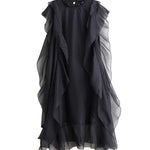 Loose Ruffle Sleeves Falbala Ruffled Solid Color Round-neck Midi Dresses