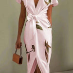 White Leaf Short Sleeve Satin Wrap Sheath Midi Dress