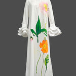 A-Line Flared Sleeves Floral Printed Split-Joint Split-Side Lapel Collar Maxi Dresses Shirt Dress