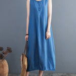 A-Line Loose Buttoned Pleated Solid Color Round-Neck Midi Dresses