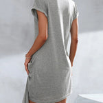 Casual Short Sleeves Pleated Round-Neck Gray Mini Dress
