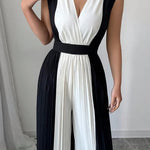 High Waisted Loose Contrast Color Pleated V-Neck Jumpsuits