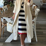 Striped V-Neck Hem Slit Casual Loose Dress