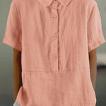 Women's Solid Color Cotton And Linen Lapel Short Sleeved Casual Blouse