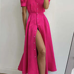 High Waisted Loose Buttoned Round-Neck Midi Dresses