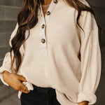 Smoke Green Waffle Patchwork Drop Sleeve Henley Top