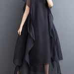Loose Ruffle Sleeves Falbala Ruffled Solid Color Round-neck Midi Dresses