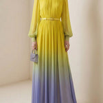 High Waisted Long Sleeves Belted Contrast Color Gradient Pleated Split-Joint Round-Neck Maxi Dresses