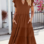 Loose Ruffle Sleeves Pleated Pockets Solid Color Split-Joint V-Neck Midi Dresses