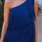 Loose Sleeveless Asymmetric Solid Color Split-Joint Tasseled One-Shoulder Maxi Dresses