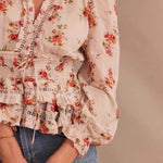 V-Neck Floral Print Waist-Cinched Ruffle Blouse