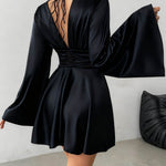 Bodycon Elasticated Waist Solid Color Deep V-Neck Mini Dresses