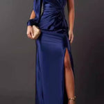 One-shoulder satin twisted high-slit maxi dress