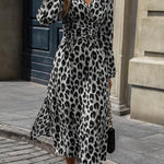 Elasticated Waist High Waisted Contrast Color Leopard Pleated Split-Joint V-Neck Maxi Dresses