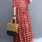 Loose Short Sleeves Plaid Round-Neck Midi Dresses