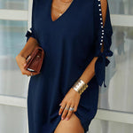 Solid color strapless V-neck beaded short-sleeved loose dress