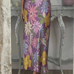 Satin Floral Print V-neck Half-sleeve Loose Top and Elegant Maxi Skirt Set