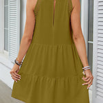 A-Line Loose Hollow Pleated Solid Color Split-Joint Round-Neck Mini Dresses