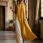 Loose Sleeveless Contrast Color Pockets Split-Joint Spaghetti-Neck Maxi Dresses