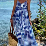 Sunday Blues Irregular Lines Print Suspender Vacation Loose Maxi Dress
