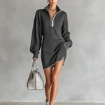 Women's Fashion Loose Knit White Trim Zipper Polo Neck Mini Dress