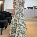 Loose Short Sleeves Elasticity Falbala Leaf Printed Off-The-Shoulder Maxi Dresses
