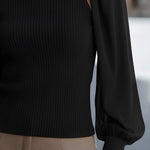 Ribbed Knit Top With Chiffon Balloon Sleeves