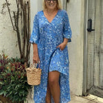 Women's Crushed Flower Printing V-Neck Medium and Long Dress Short Sleeve Dress