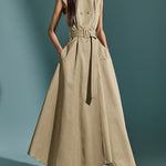 A-Line High Waisted Belted Buttoned Pockets Solid Color Round-Neck Maxi Dresses