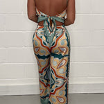 Fashion print suspenders open back tie top + straight pants set