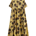 Loose Short Sleeves Pleated Printed Split-Joint Round-Neck Midi Dresses