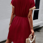 A-Line Elasticated Waist Contrast Color Drawstring Hollow Split-Joint Tasseled Tied V-Neck Mini Dresses