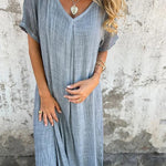 Bayside Bliss Linen Blend Short Sleeve Pleated Loose Midi Dress