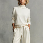Women's Cream Soft Knit Chic Turtleneck Top & Flowy Wide-Leg Pant Set