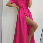 High Waisted Loose Buttoned Round-Neck Midi Dresses