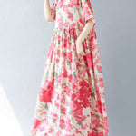 A-line Batwing Sleeves Flower Print Pleated Split-Joint Round-neck Midi Dresses