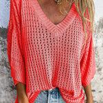 Fashionable Hollow V-neck Long-sleeved Casual Loose Knitted Top