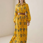 A-Line Elasticated Waist Belted Buttoned Contrast Color Flower Print Pleated Split-Joint Lapel Maxi Dresses Shirt Dress