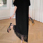 Loose Short Sleeves Solid Color Split-Joint Tasseled V-Neck Midi Dresses