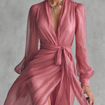 Women's Elegant Rose Pink Pearl Chiffon V-neck Tie-waist Long Dress