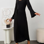 Long Sleeves Pleated Ruffled Solid Color Split-Joint Round-Neck Maxi Dresses