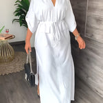 Loose Drawstring Solid Color Split-Side V-Neck Maxi Dresses