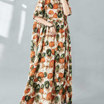 Half Sleeves Loose Pleated Printed Split-Joint Round-Neck Midi Dresses