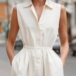 Sleeveless Button-Front Jumpsuit With Drawstring Waist